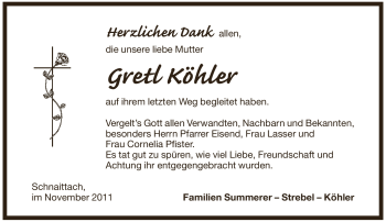 Traueranzeige von Gretl Köhler von Pegnitz-Zeitung